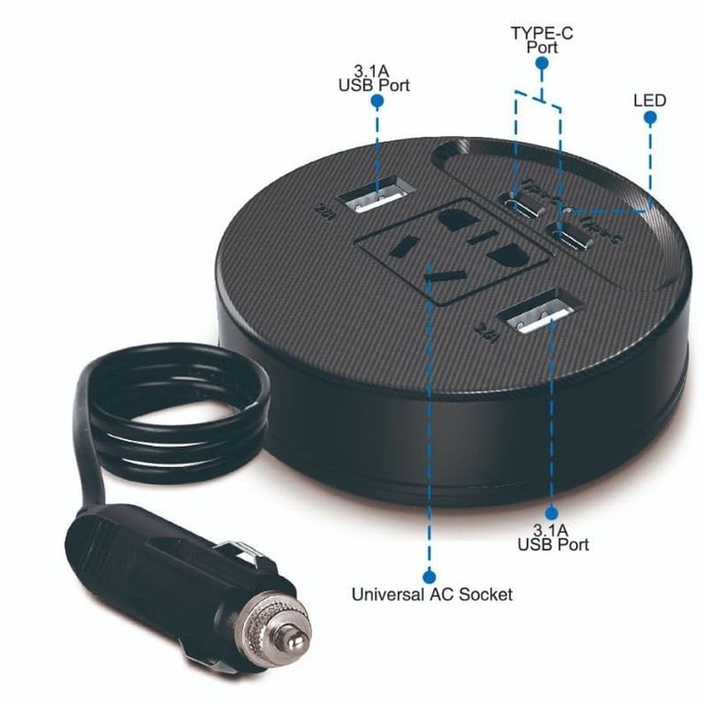 Cargador de Auto Multifuncional 150W Salida 220V y Puertos USB-C Flash Multicolor
