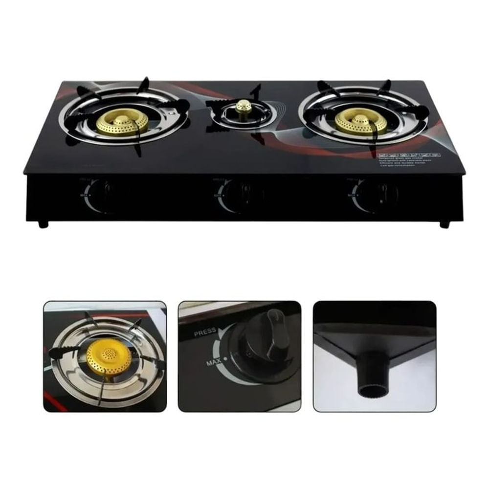 Cocina De Mesa A Gas 3 Quemadores Vidrio Templado Negra