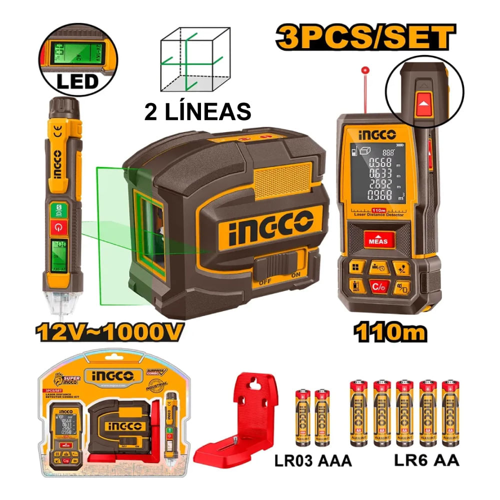 Kit Nivel Láser Verde Ingco 35M y Medidor de Distancia 110M e Detector de Voltaje 12-1000V COS260203