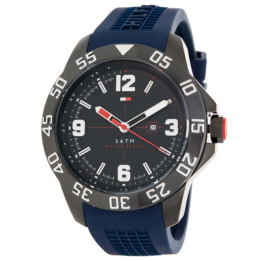 Reloj Tommy Hilfiger Cole 1790984 Fecha Acero Inoxidable Negro Correa de Silicona Azul