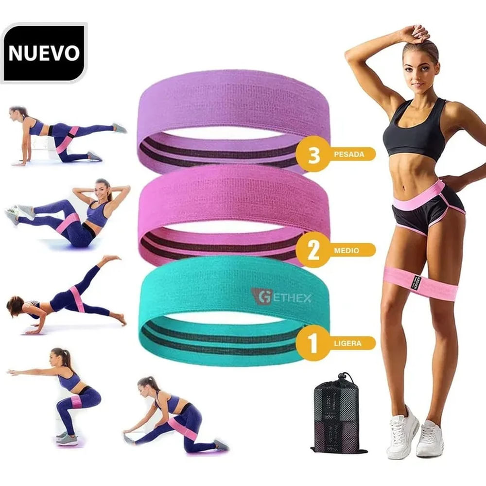 Set de 3 Bandas de Resistencia de Tela para Glúteos - Ligas Antideslizantes 3 Niveles Multicolor