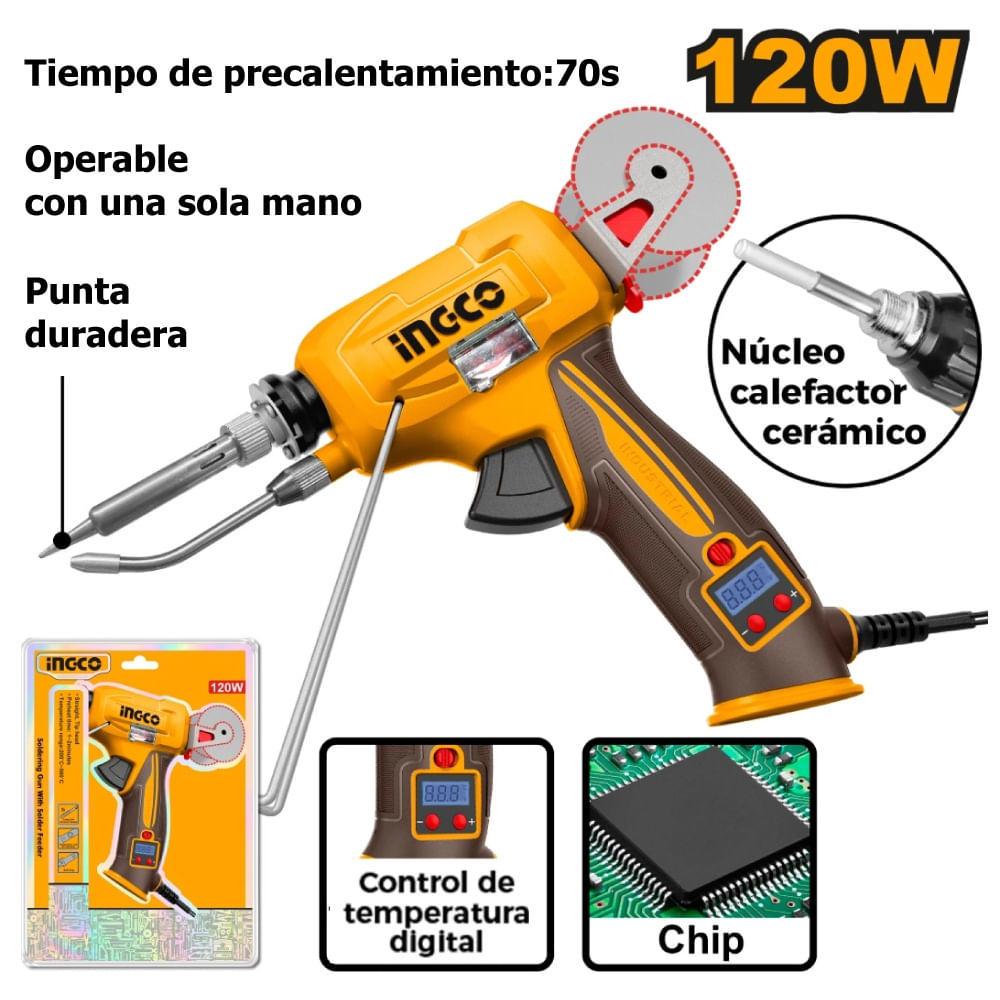 Pistola de Soldadura de Estaño con Control Digital de Temperatura Ingco 120W SI036732