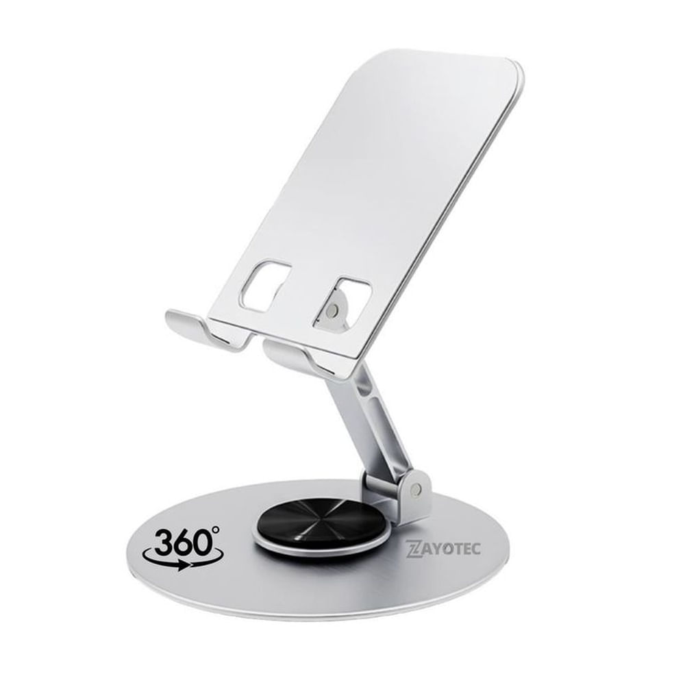 Soporte Metálico para Celular Alta Calidad Plateado Antideslizante Rotación 360° Escritorio Plateado