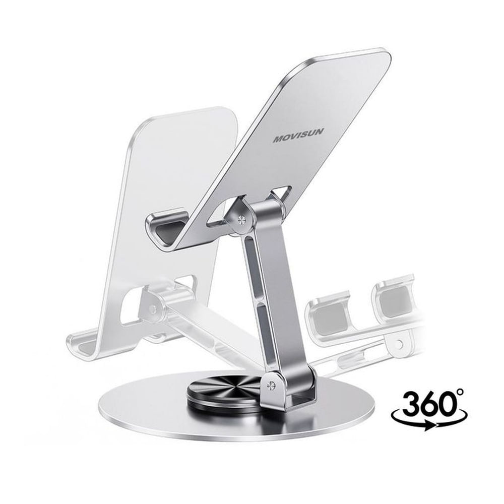 Soporte Metálico para Celular MOVISUN Plateado Alta Calidad Antideslizante Rotación 360° Escritorio Plateado