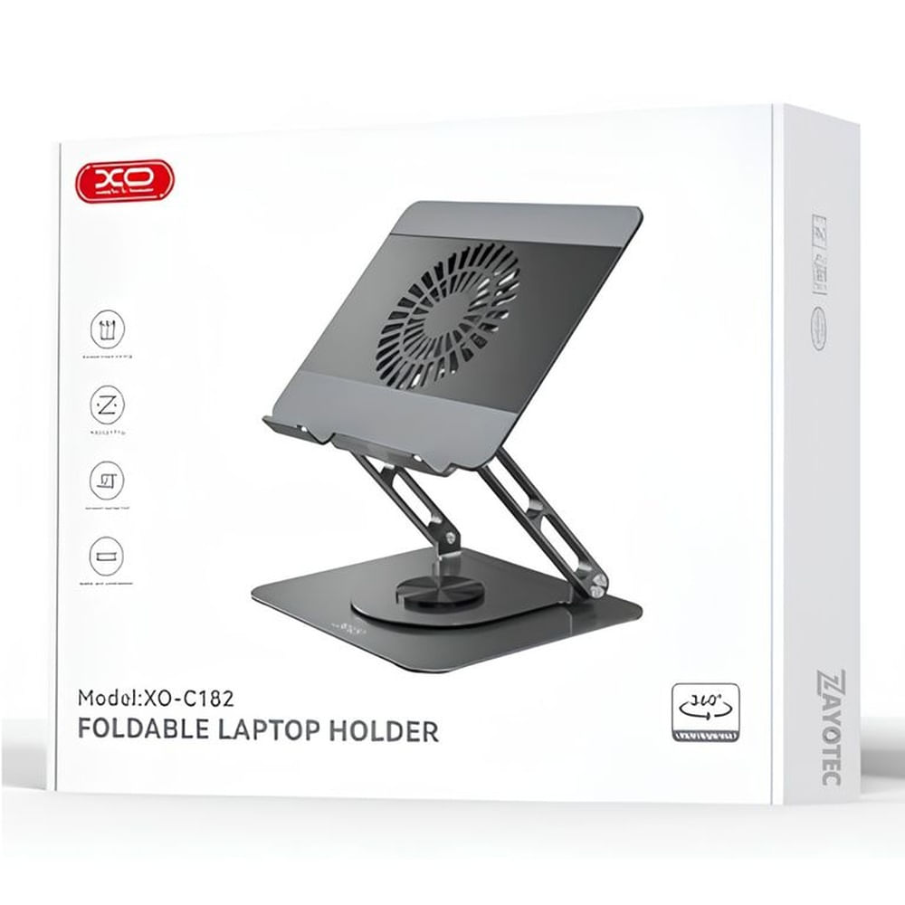 Soporte Plegable Laptop XO Gris Ventilador Enfriamiento Rotación 360° hasta 17.3