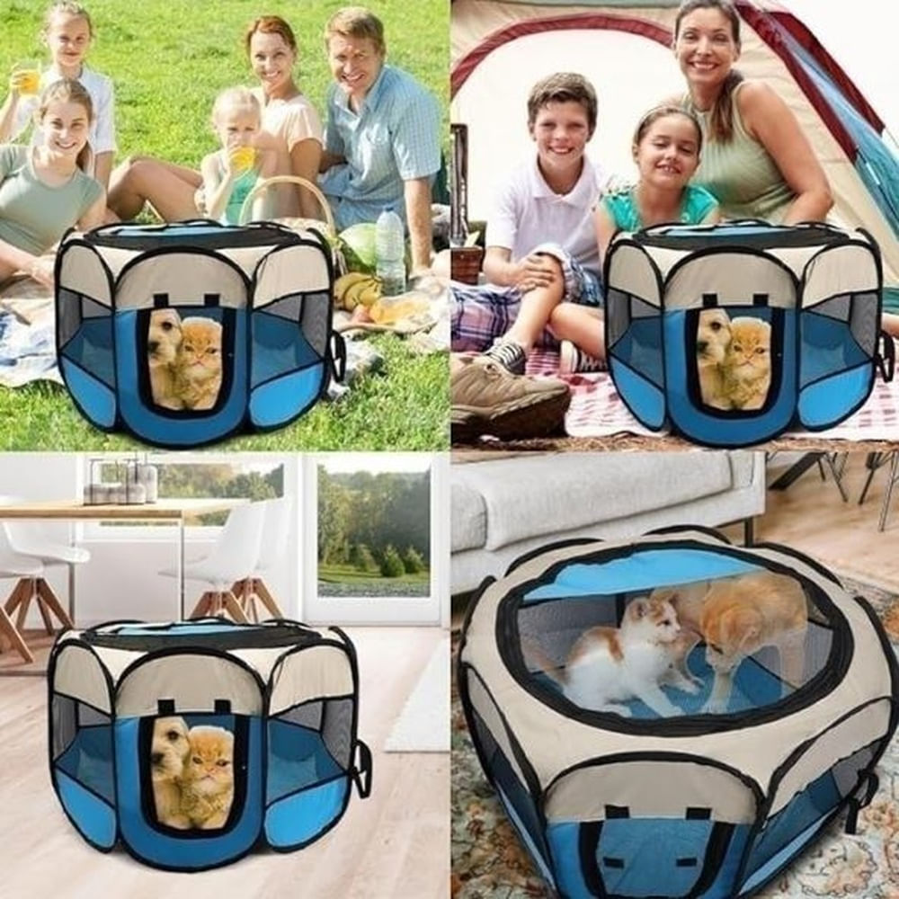CORRAL PLEGABLE PARA MASCOTAS TALLA M 90x90x60 cm - CELESTE CON BEIGE