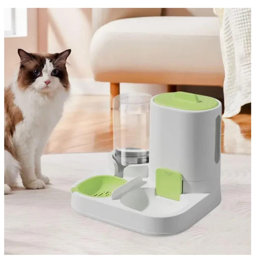 DISPENSADOR AUTOMATICO PARA ALIMENTO Y AGUA PARA MASCOTAS COLOR VERDE