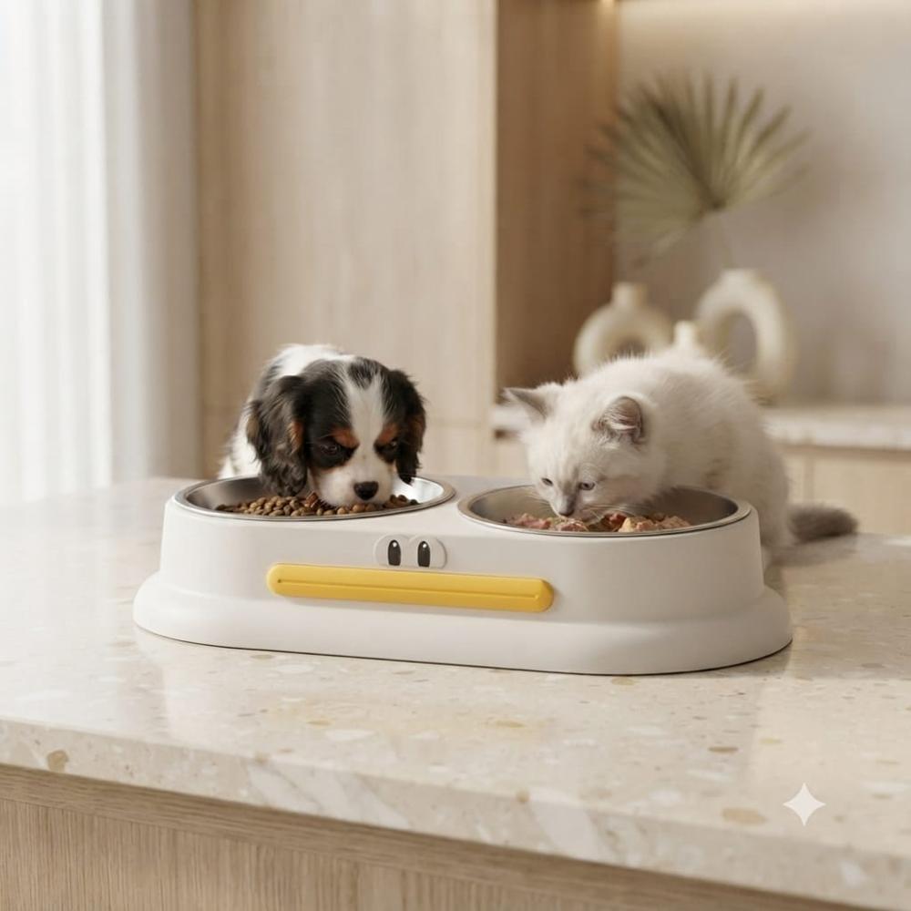 Comedero Doble para Mascotas con Base Antideslizante y Detalle Amarillo