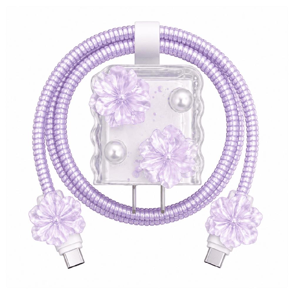 CASE PROTECTOR CON FLORES MORADAS PARA CARGADOR IPHONE