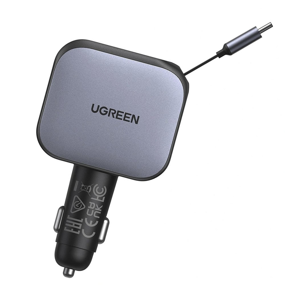 Cargador de Auto Ugreen 60W con Cable Retráctil USB-C y Puertos USB-A Type-C 55212B