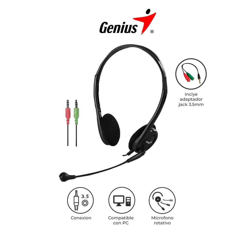 Audífonos con Micrófono Genius HS-200C para PC Diadema Jack 3.5 mm Negro