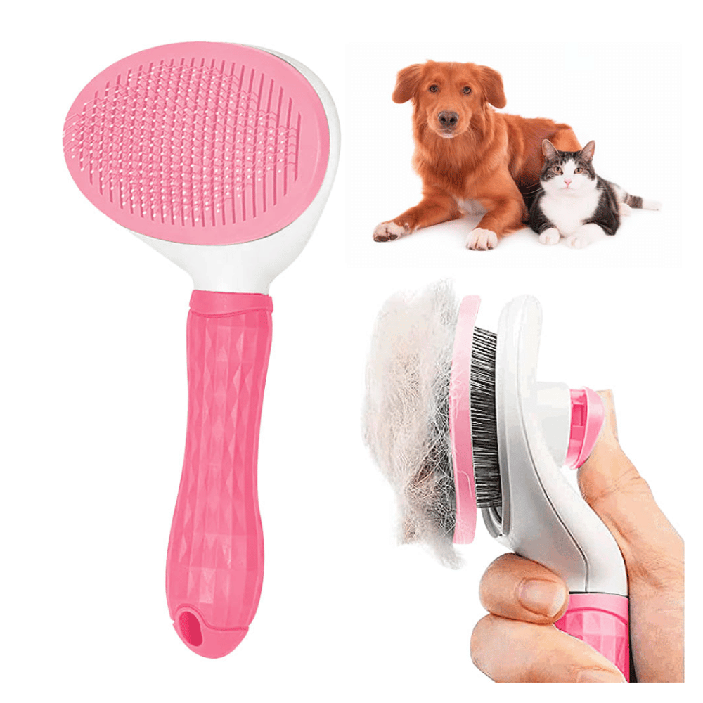 Peine Cepillo Con Botón Expulsador De Pelusa Para Mascotas - Rosado