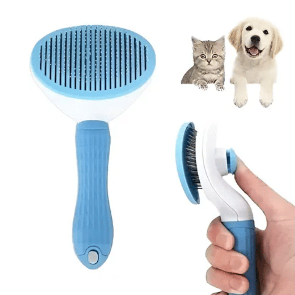 Peine Cepillo Con Botón Expulsador De Pelusa Para Mascotas - Celeste