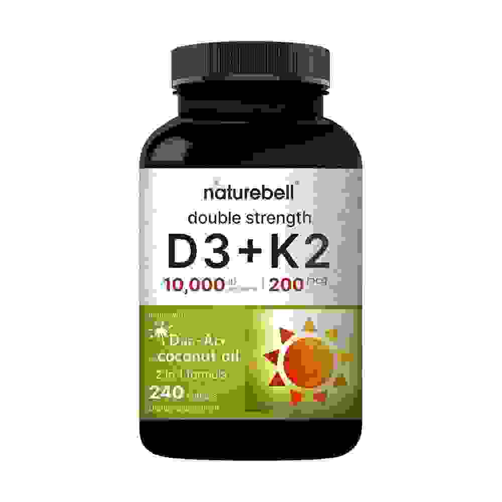 NatureBell Vitamina D3  K2 de doble fuerza  10000 UI y 200 mcg  240 cápsulas blandas