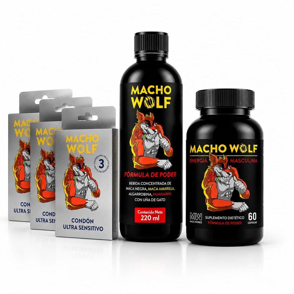 Pack Macho Wolf Bebida, Frasco Cápsulas y 3 Cajitas de Condones