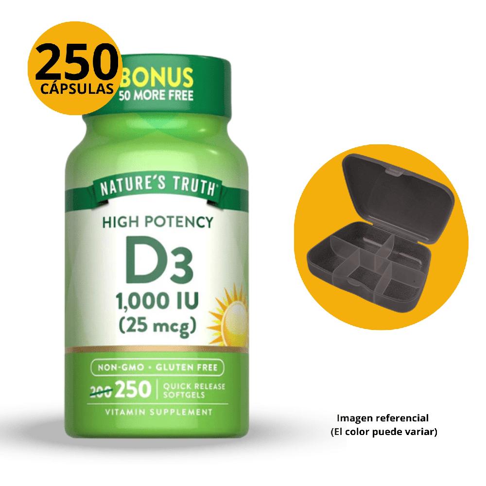 VITAMINA D3 1000IU 25MCG NATURE'S TRUTH FRASCO 250 CAPSULAS BLANDAS DE PASTILLERO