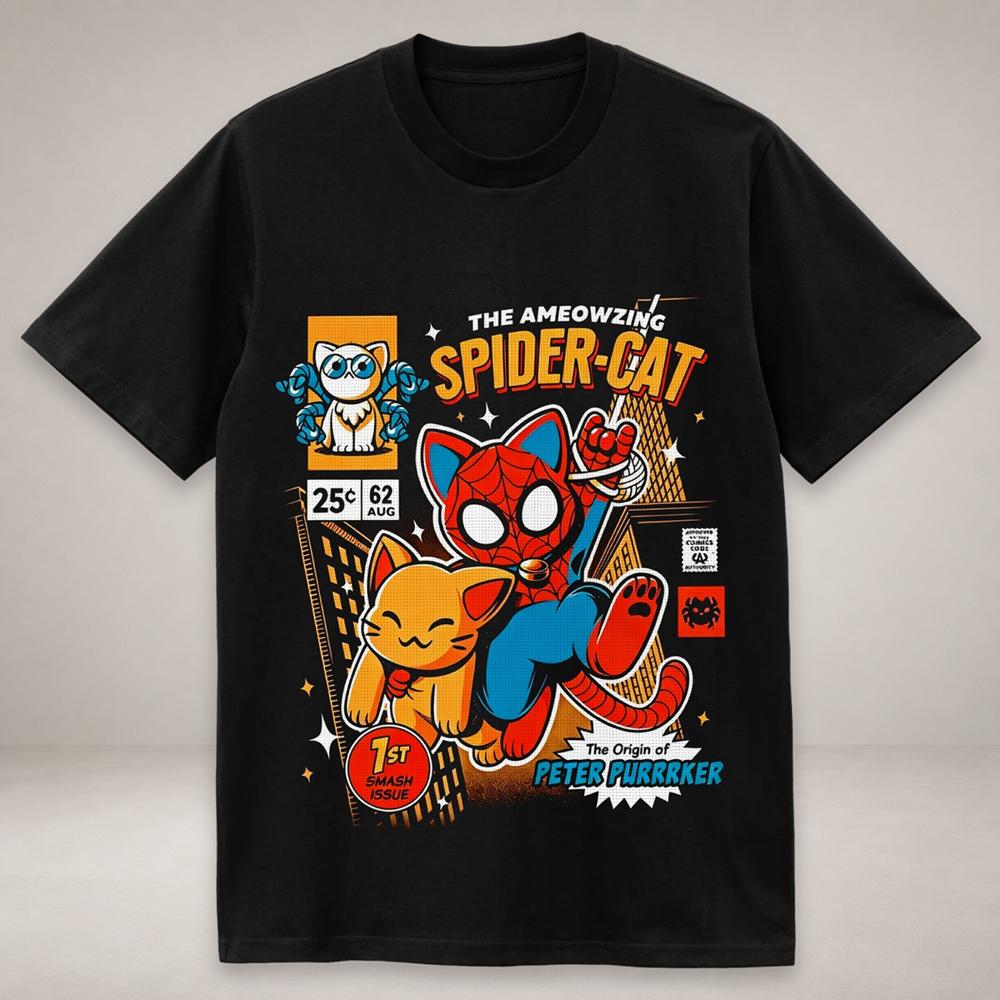 Polo Especial Spider Cat Diseño para Cumpleaños Color Negro Talla L