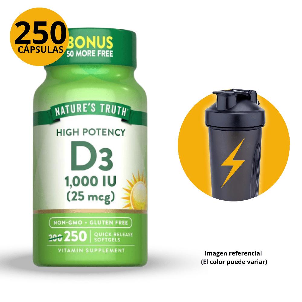 VITAMINA D3 1000IU 25MCG NATURE'S TRUTH FRASCO 250 CAPSULAS BLANDAS CON SHAKER