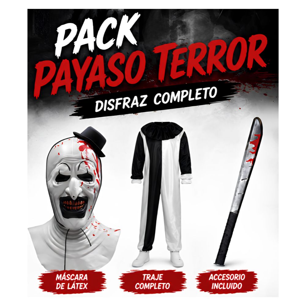 Disfraz Completo de Payaso Terror con Máscara de Látex y Accesorio Halloween Fiesta Talla S