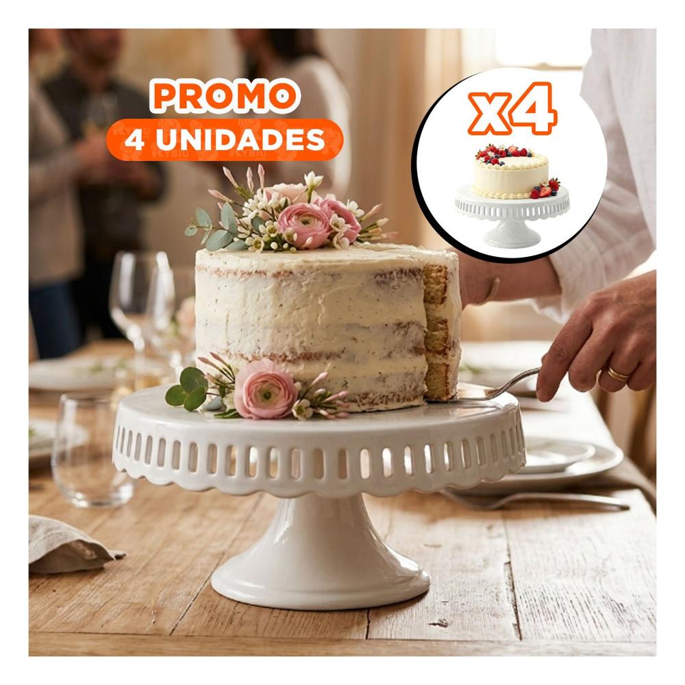 Pack4 Base Porta Dulces Blanco con Rayitas Ceramica 30 cm para Reuniones YPapel Regalo