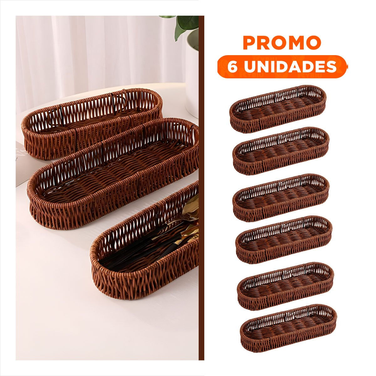 Pack6 Bandeja Decorativa Tejida Multiuso Ovalada Marron Orden Personal Diario