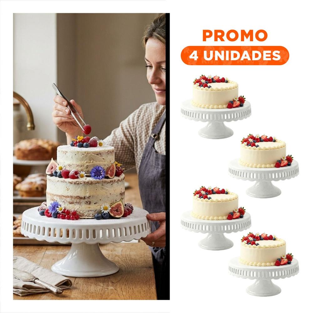 Pack4 Pedestal Porta Postres Rayitas Ceramica Color Blanco 30 cm para Mesa YRegalo Sticker