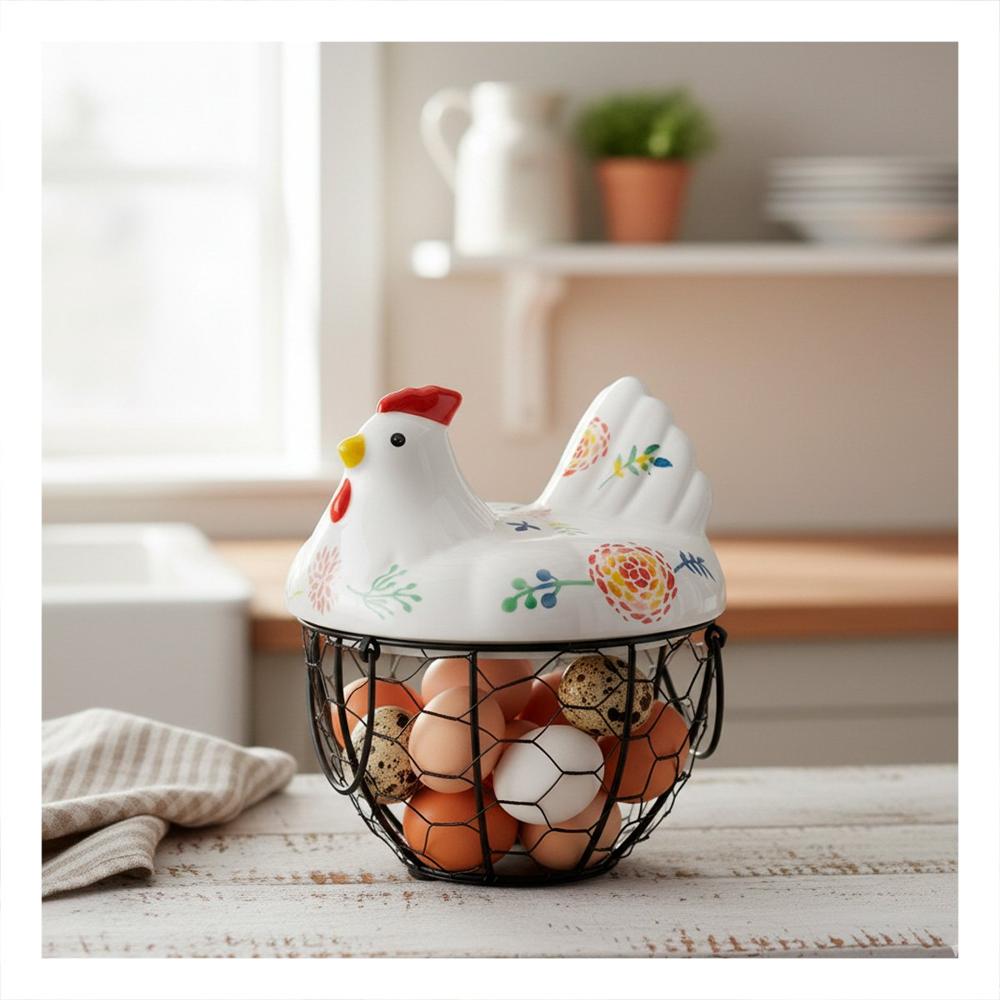 Cesta Decorativa Gallina Ceramica Metal Blanco y Negro para Espacios de Cocina YSticky
