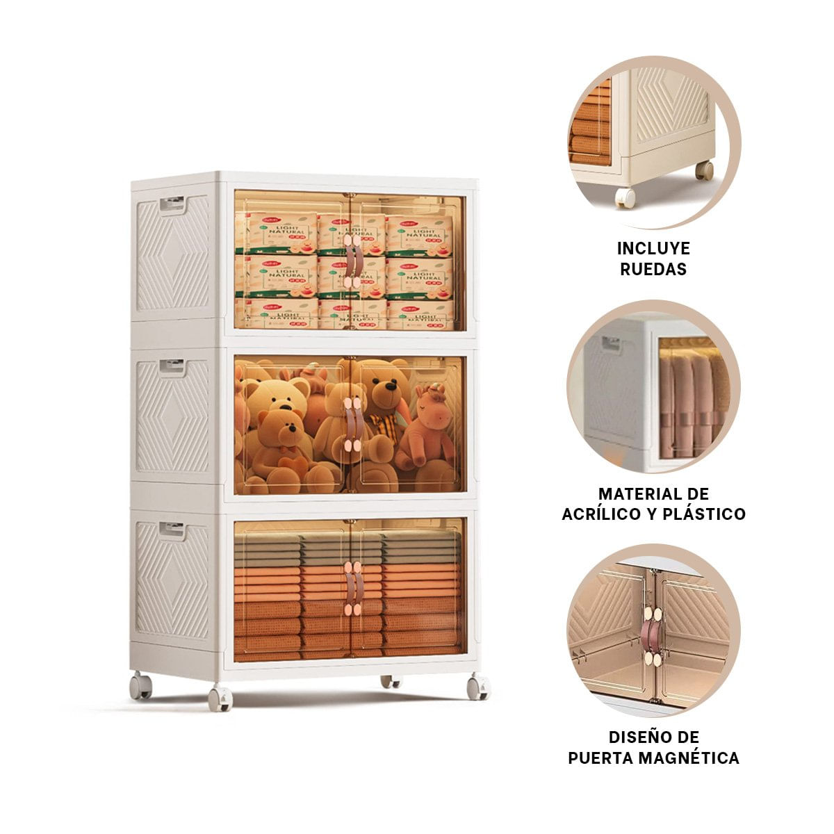 Organizador con Puertas 3 Niveles Blanco 45x30x70 cm para sus Niños Y Ligas Regalo