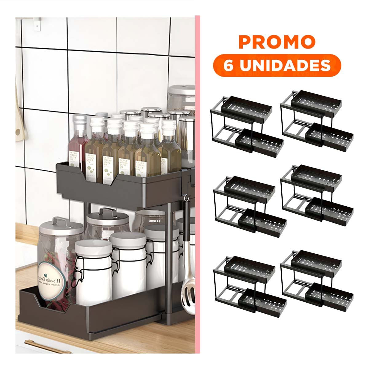 Pack6 Contenedor 2 Niveles con 2 Cajones Deslizables Practico para Hogar Negro