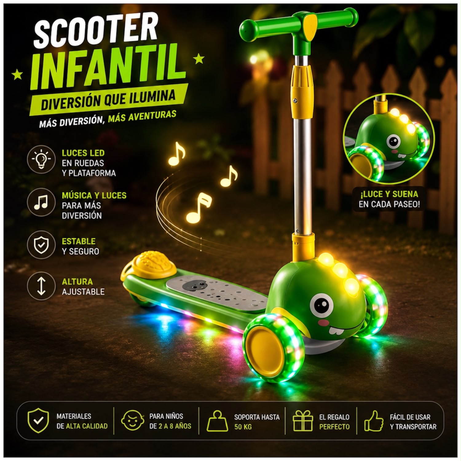 Scooter Infantil Dinosaurio Plegable Hidráulico 3 Ruedas Anchas Con Luces Led Y Música 2026 Verde