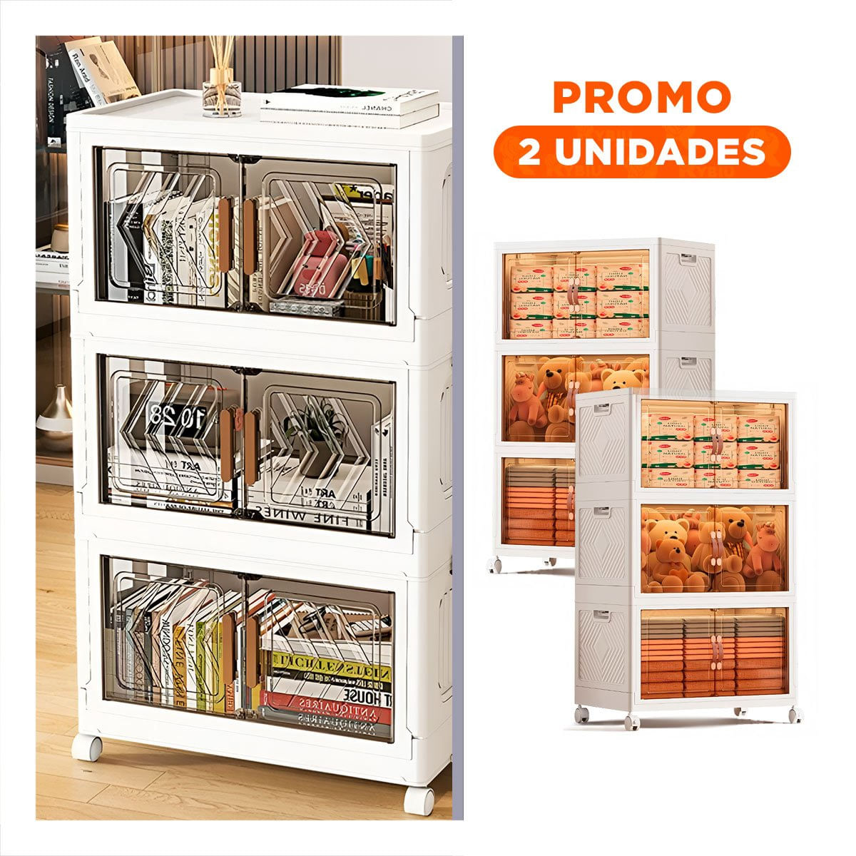 Pack2 Organizador con Puertas 3 Niveles Blanco 45x30x70 cm para Uso Hogar