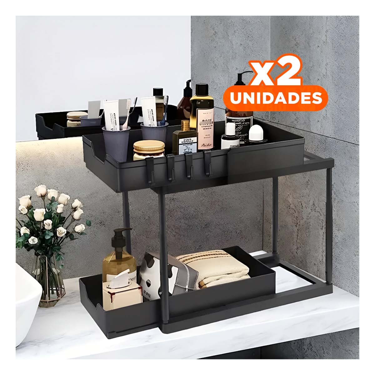 Pack2 Estantero 2 Niveles con 2 Cajones Deslizables Compacto y Funcional Negro Y Regalo Sticker