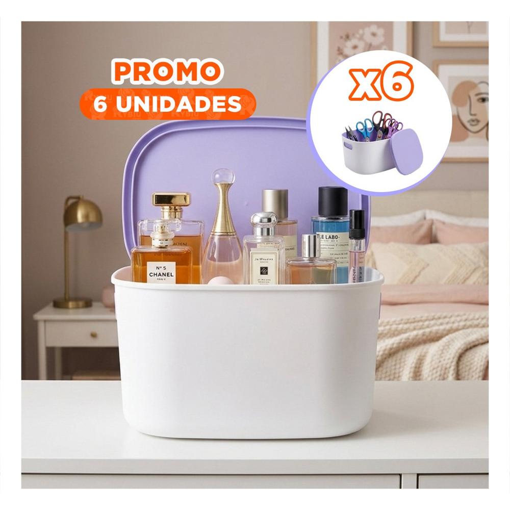Pack6 Baul de Almacenamiento con Tapa Color Lila y Blanco 26.5x22x15.4 cm YPapel Regalo