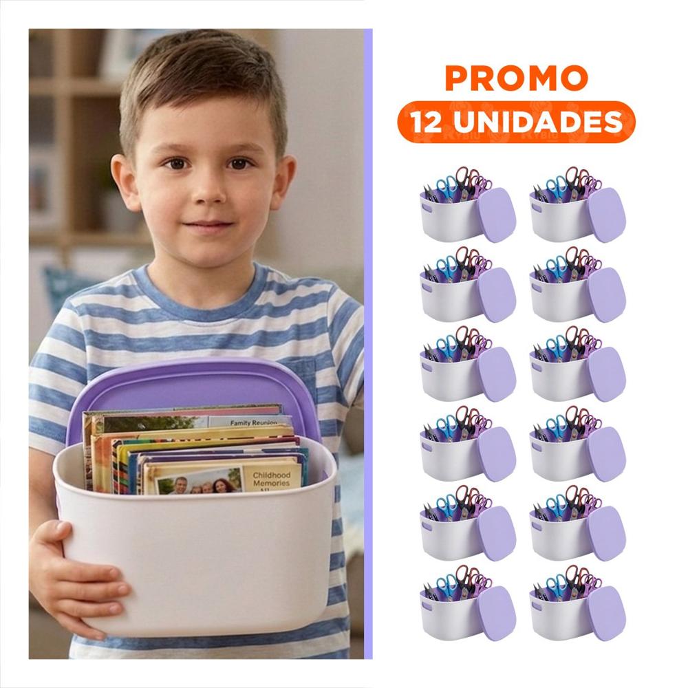 Pack12 Baul Practico con Tapa Plastico Color Lila y Blanco 26.5x22x15.4 cm YRegalo Sticker