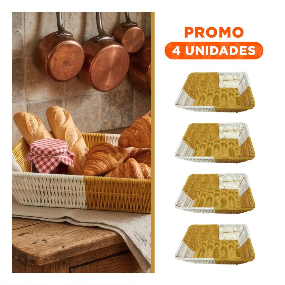 Pack4 Canastilla Rectangular Tejida para Hogar Mostaza y Blanco YRegalo Sticker