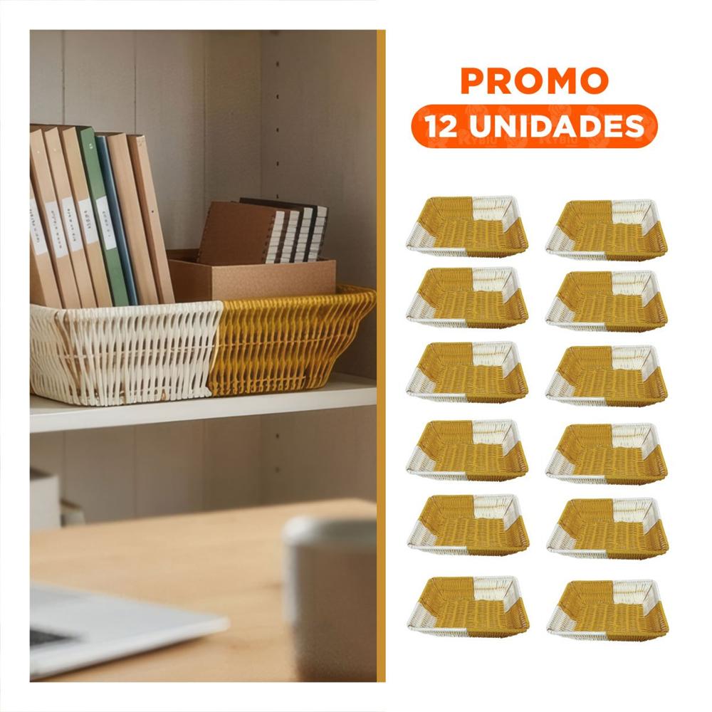 Pack12 Cesta Rectangular para Hogar Tejida Mostaza y Blanco  YRegalo Sticker