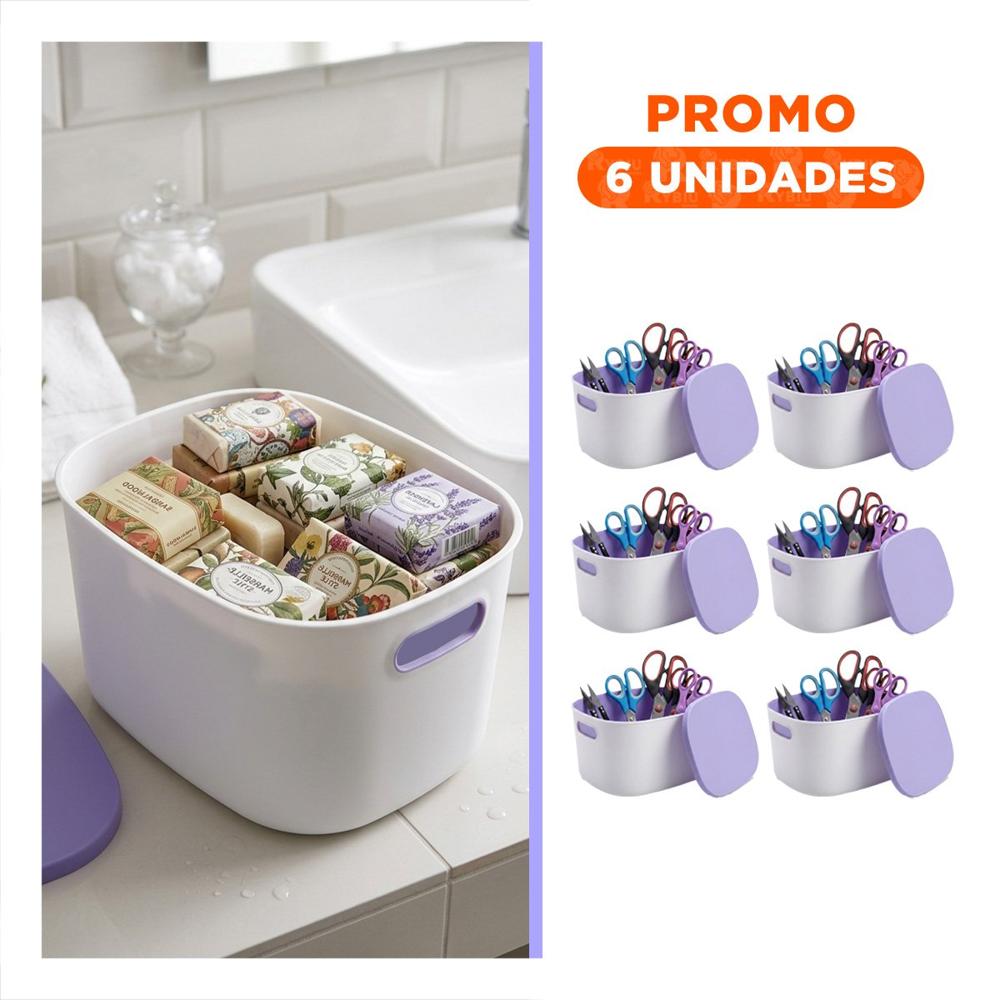 Pack6 Caja Plastico 26.5x22x15.4 cm con Tapa para Organizar Color Lila y Blanco