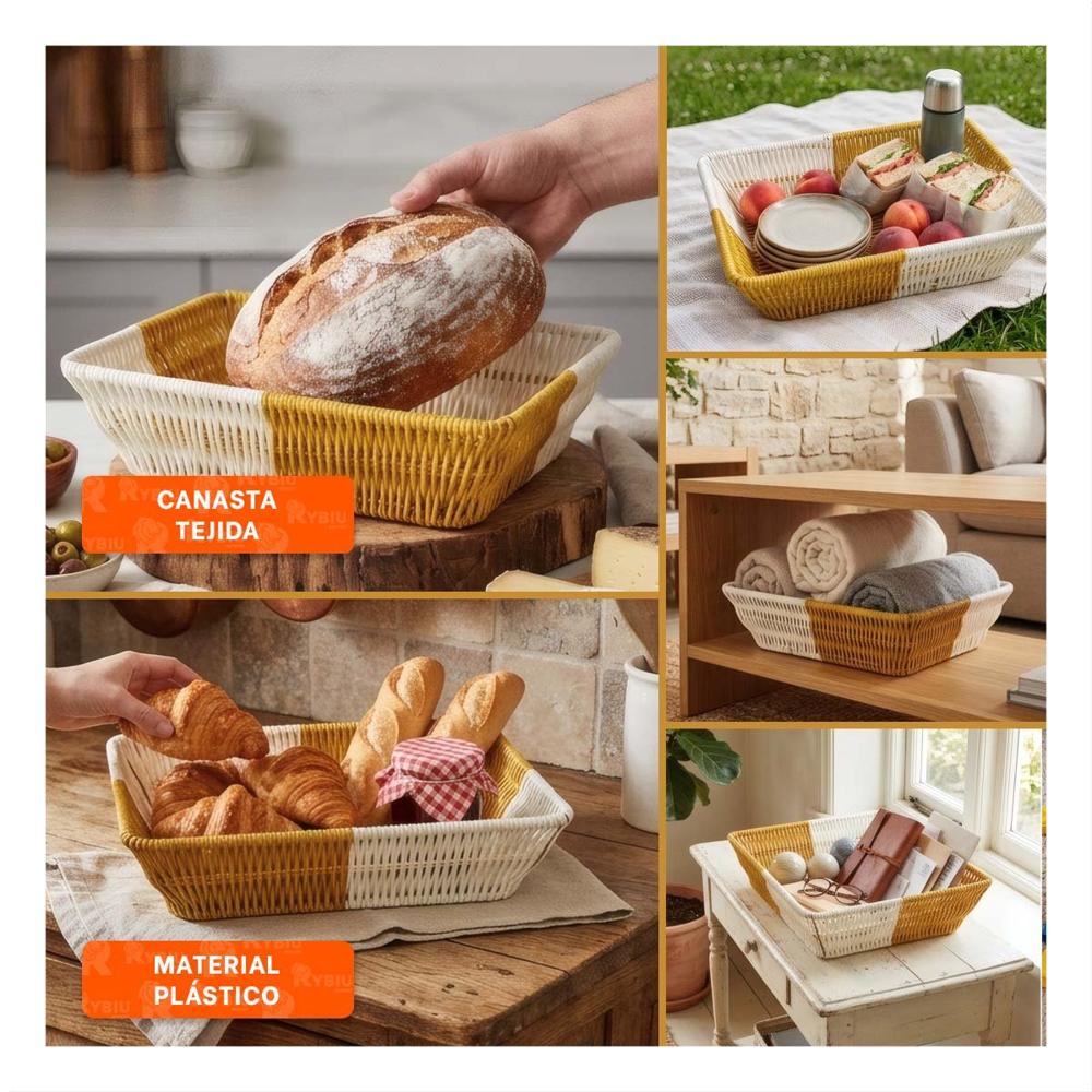 Canasta Rectangular Color Mostaza y Blanco con Tejidos Abiertos para Decoracion