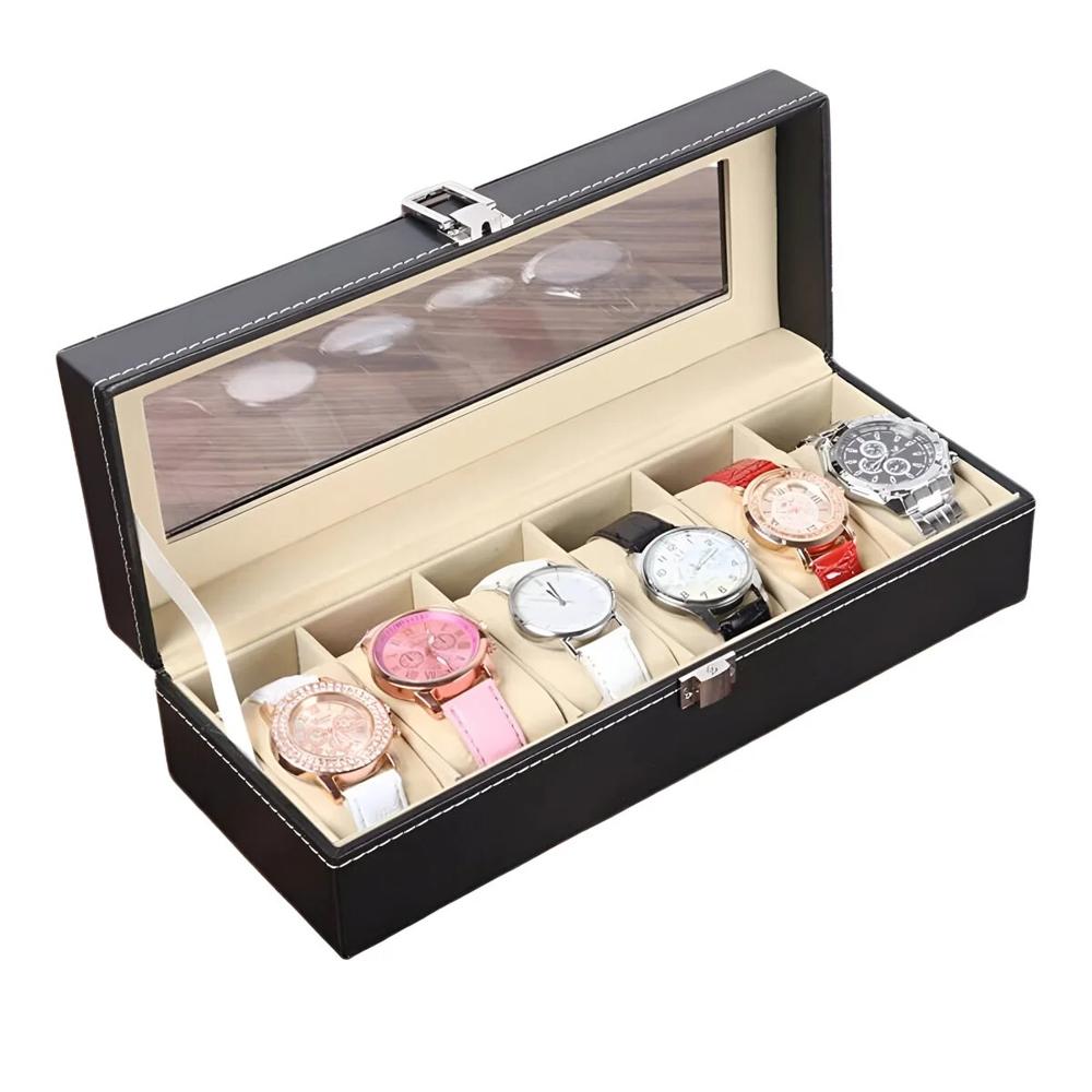 CAJA ORGANIZADORA DE RELOJES 6 ESPACIOS CON TAPA DE VIDRIO COLOR NEGRO