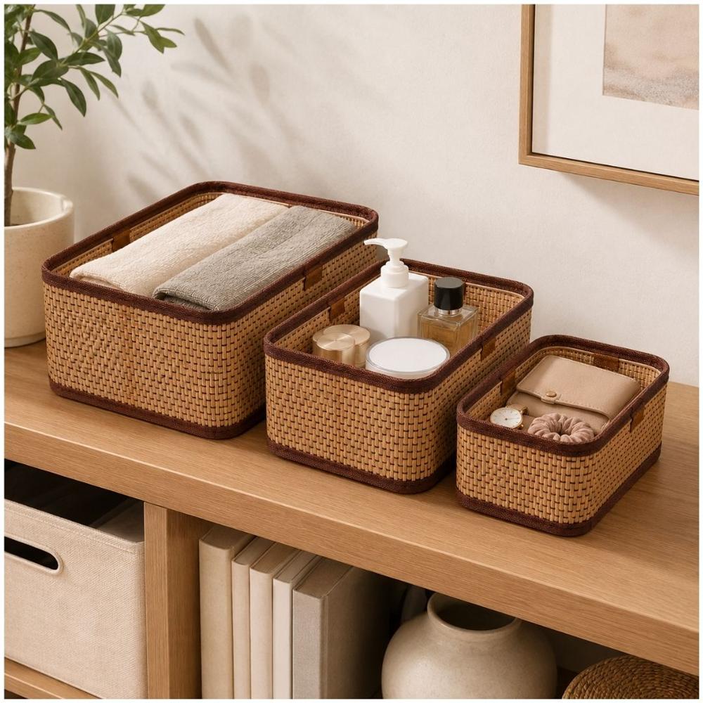 Set de 3 Canastas Organizadoras Tejidas Decorativas Multiuso para Baño Dormitorio