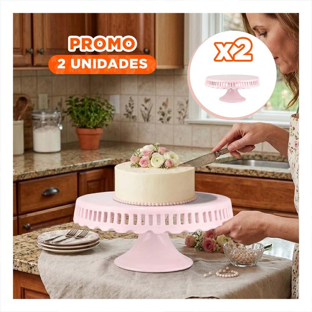 Pack2 Pedestal para Torta Color Rosado Rayitas Ceramica 25 cm para Eventos YPapel Regalo