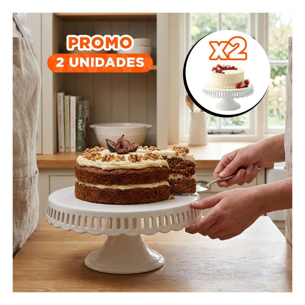 Pack2 Pedestal para Torta Color Blanco Rayitas Ceramica 30 cm para Eventos YPapel Regalo