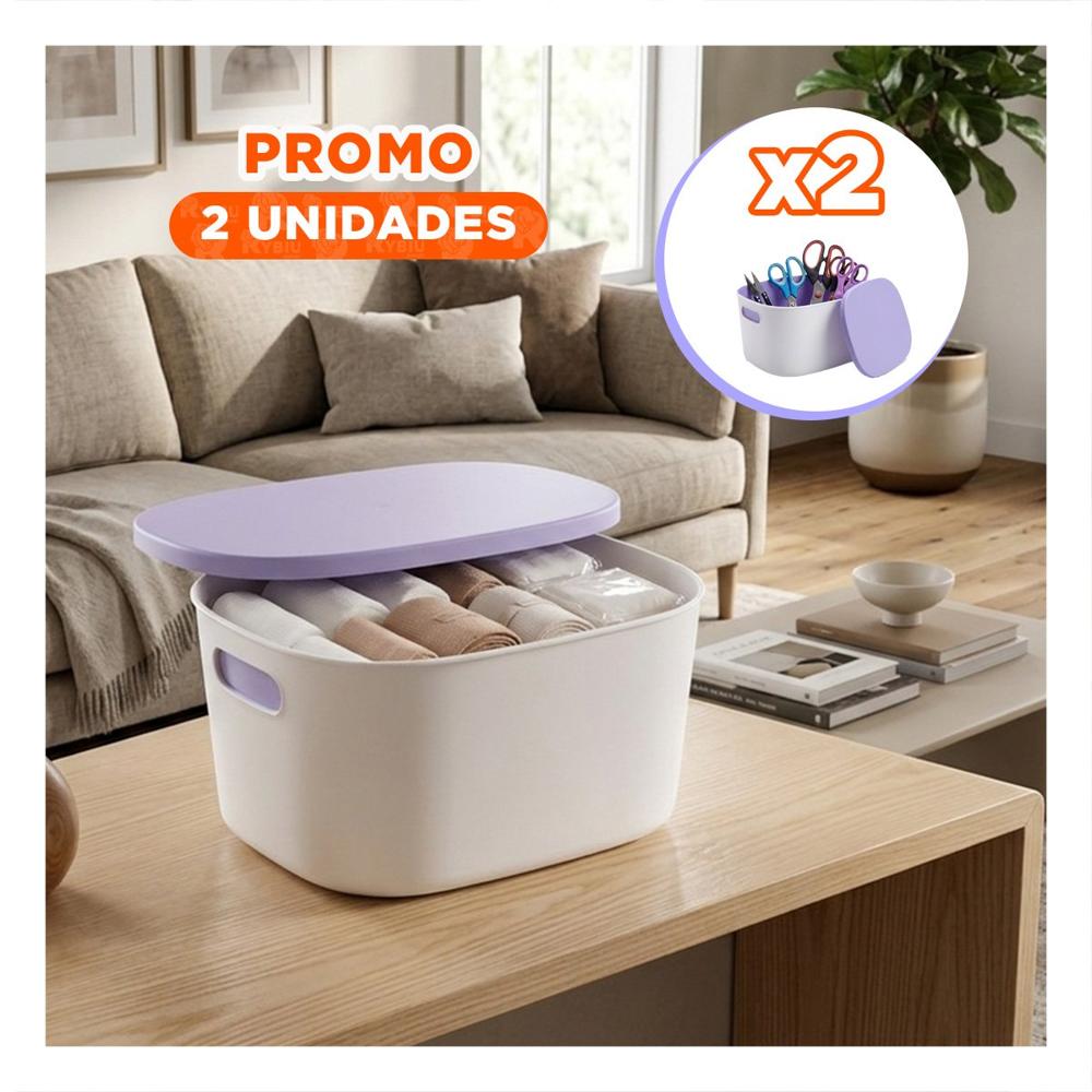 Pack2 Canasta Organizadora Plastico Color Lila y Blanco con Tapa 26.5x22x15.4 cm YPapel Regalo