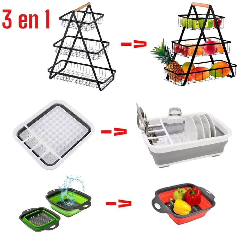 Frutero Escurridor y Colador 3 en 1 Plegable para Cocina