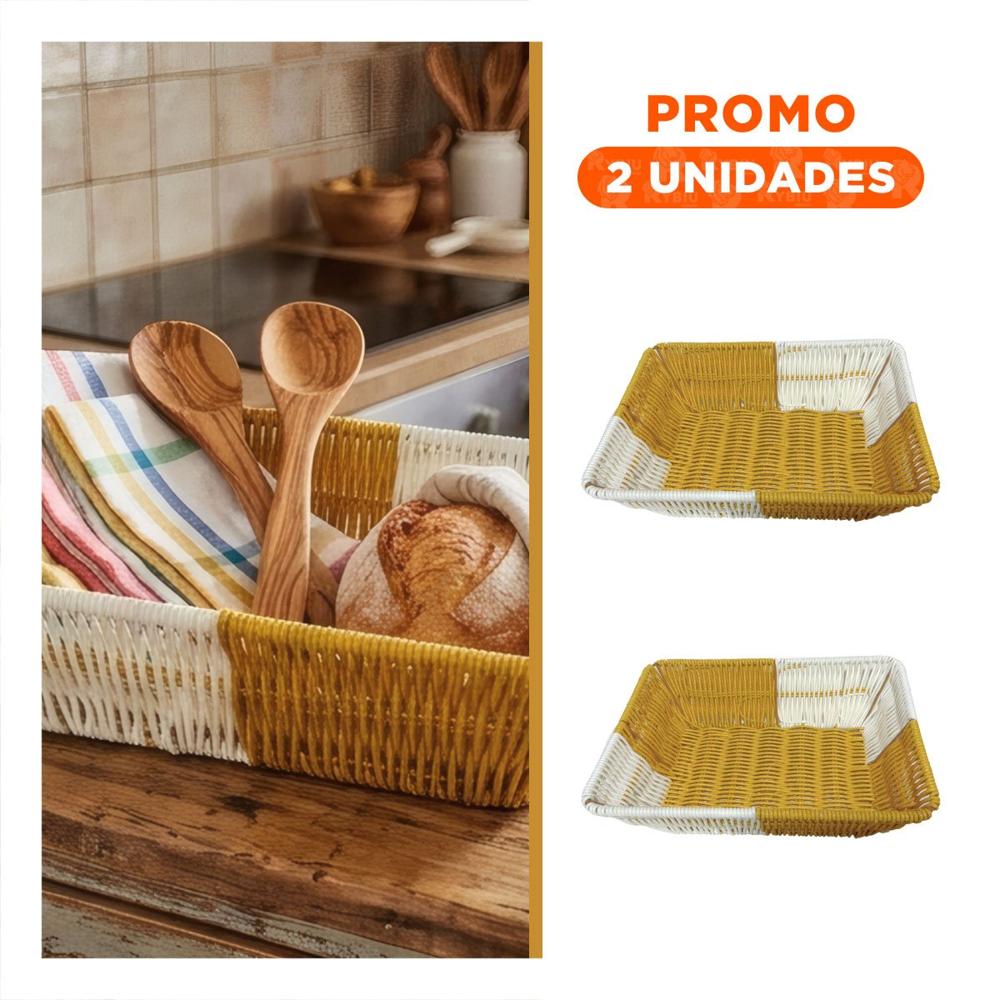Pack2 Cesta Rectangular Color Mostaza y Blanco para Organizacion y Decoracion