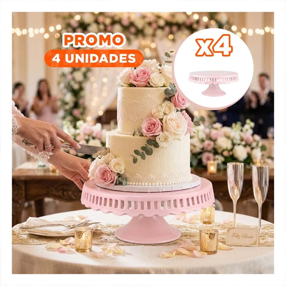 Pack4 Base Porta Dulces Rosado con Rayitas Ceramica 25 cm para Celebraciones YPapel Regalo