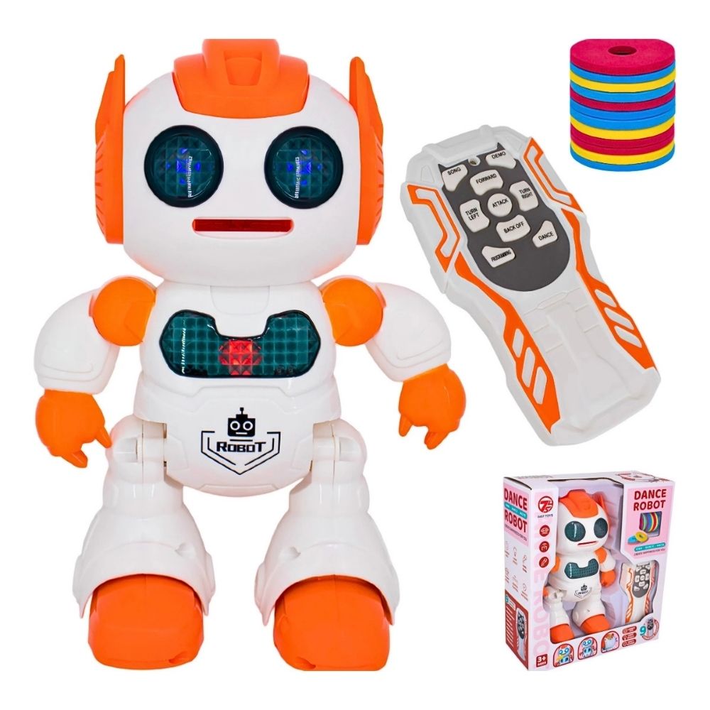 Robot Lanza Discos Con Control Remoto Camina Luces Y Sonido Naranja
