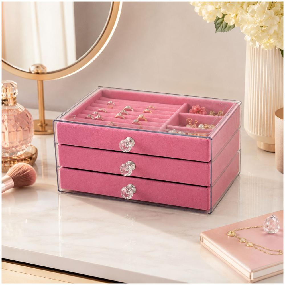 Joyero Organizador de Joyas y Accesorios Rosado 3 Niveles Acrílico Rosado