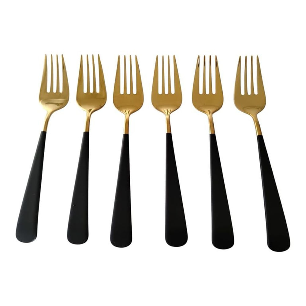 Set de 6 tenedores de acero inoxidable color dorado con mango negro