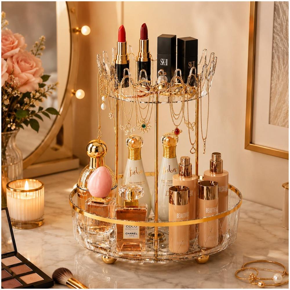 Organizador Giratorio 360 Maquillaje Cosméticos y Joyas de Acrílico Diseño Corona